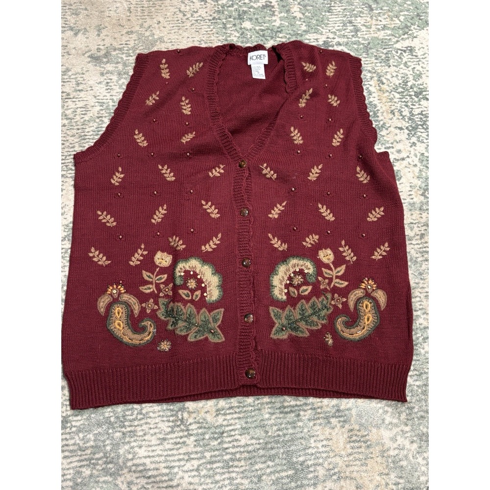Vintage Koret Burgundy Beaded Fall Boho Floral Embroidered Knit Sweater Vest 1X